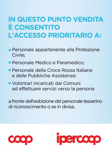 COOP e IPERCOOP - accesso prioritario a Protezione Civile, Medici, Paramedici e altre categorie